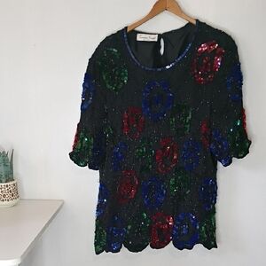 Vintage 90s Sténay Black Silk Beaded Sequin Floral Top | Short Sleeve 100% Silk